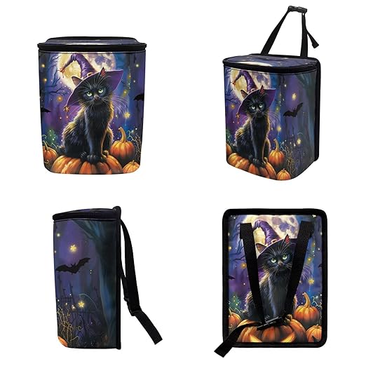 1.2 Gallons Car Trash Can with Lid, Witch Cat Halloween Vehicle Trash Can for Truck, Adjustable Hanging for Tail of Console of Seats, with Zipper Leak-Proof Lid Design, Washable Easy to Clean