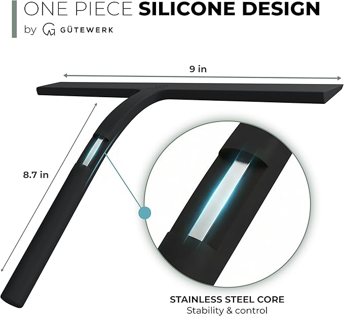 GÜTEWERK Shower Squeegee for Glass Doors, Silicone Window Squeegee, Bathroom and Glass Cleaning - Black - 9 Inch