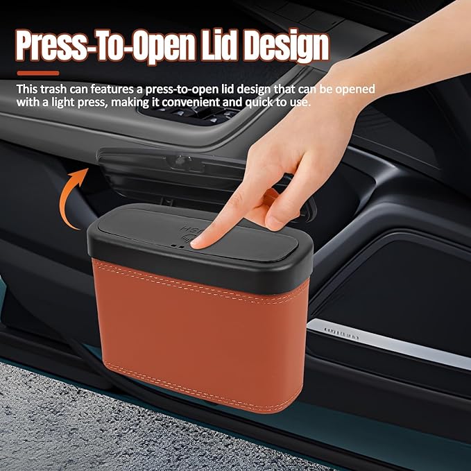 Wuyaoyao Car Trash Can with Lid, Leather Automotive Trash Bin with Garbage Bags, Leakproof Cars Door Hanging Garbage Can, Mini Multi-Purpose Vehicle Storage Organizer, Interior Car Accessories (Brown)