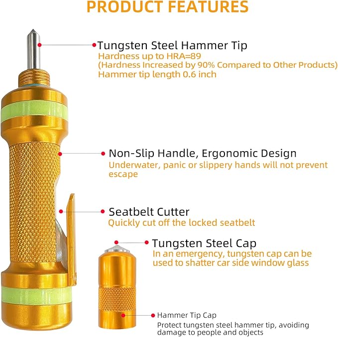 2-in-1 Window Breaker Seatbelt Cutter, Car Window Breaker Tool, Metal Glass Breaker - Extended Tungsten Steel Hammer Tip, Can Shatter Tempered & Laminated Glass (Orange, 1 PCS)