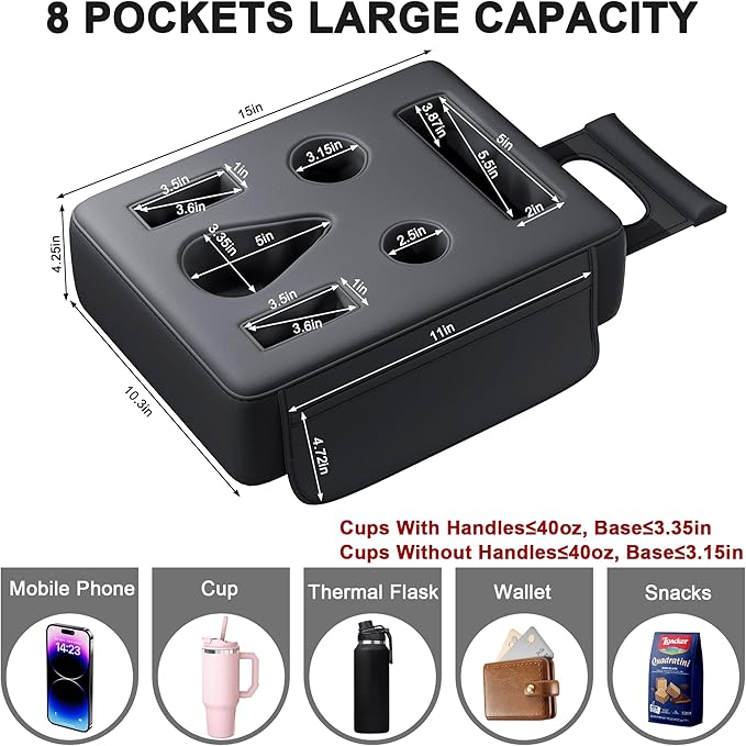 2026 Upgraded Car Cup Holder, 8 in 1 Back Seat Cup Holder for Car, PU Leather Backseat Organizer Car Cupholder Expander Tray for Trucks SUVs RVs Center Console Couch, Holds Drinks Food Phone Remote