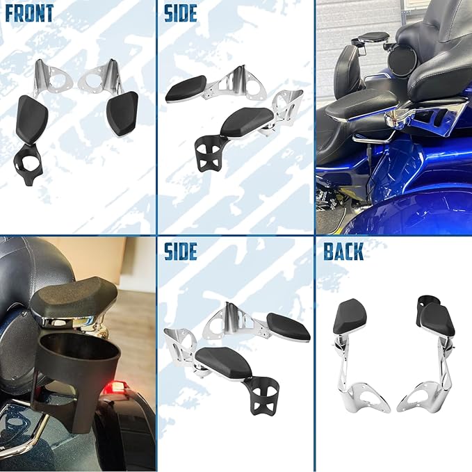 Adjustable Passenger Armrests with Cup Holder for Motorcycle Accessory Compatible with Harley Touring Electra Glide Road Glide Ultra Tri Glide 2014-2024 (Chrome)