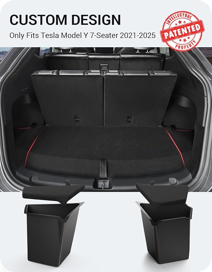 BASENOR 2021-2025 Tesla Model Y 7-Seater Trunk Storage Bins, (Proprietary Design) Trunk Organizer with Carpeted Lid, Rear Trunk Side Storage Box for 7 Seat Model Y Interior Accessories
