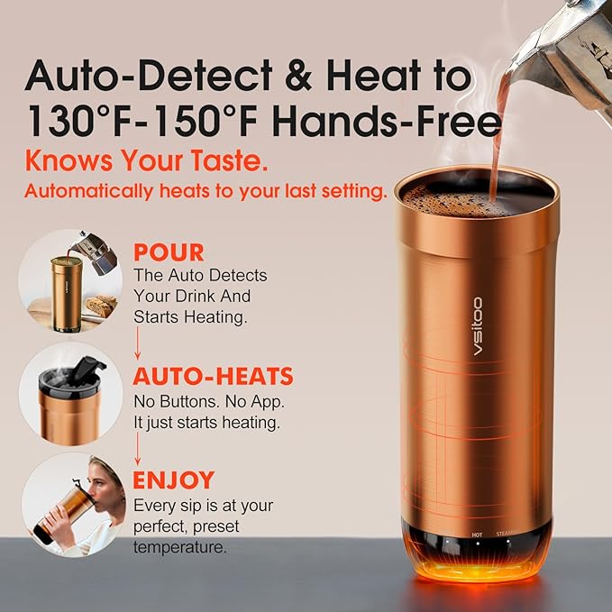 VSITOO S5 heated travel mug,16oz, Auto-Sensing AI Heats Drinks To 120-150°F Hands-Free. Temperature Control for All Cars, Perfect for Home/Office/Travel/Outdoor, Ideal Gift for Coffee Lovers - Copper