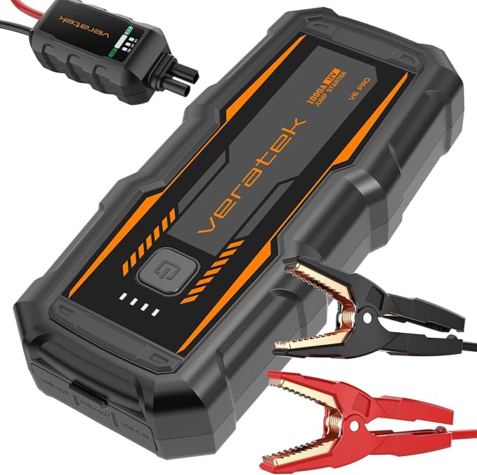 V6 Pro 1000A Car Battery Jump Starter Portable (6.0L Gas & 3.0L Diesel) – 12V Lithium Battery Booster Pack with SmartCharge Safety, Jumper Cables, 10000mAh Power Bank, Jump Box, LED Light