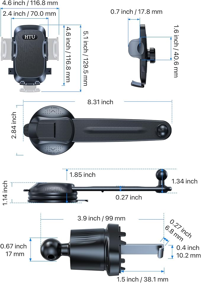 HTU Upgraded Strongest Suction Car Phone Holder Bendable Arm, Never Block View Rotatable Cellphone Mount for Dashboard Windshield Vent, Cradle Stand for iPhone 17 16 15 14 13 12 Pro Max (Black)