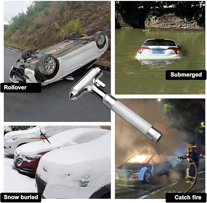 Premium Car Glass Breaker with Seat Belt Cutter - Automotive Safety Hammer - Emergecy Escape Tool, Car Autoaccessory Metal Window Hammer, Vehicle Hard Aluminium Alloy Head Design(Silver)