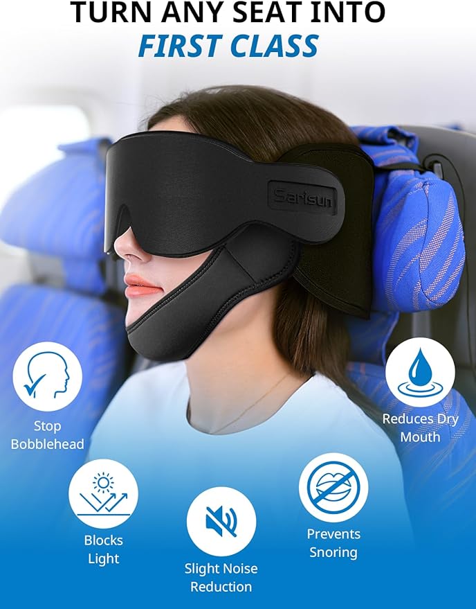 Travel Pillows for Airplanes with Sleep Eye Mask, Chin Strap, Airplane Pillow for Long Flights, Car Road Trip, 360° Support Headrest, Stop Bobblehead, Mottled Blue
