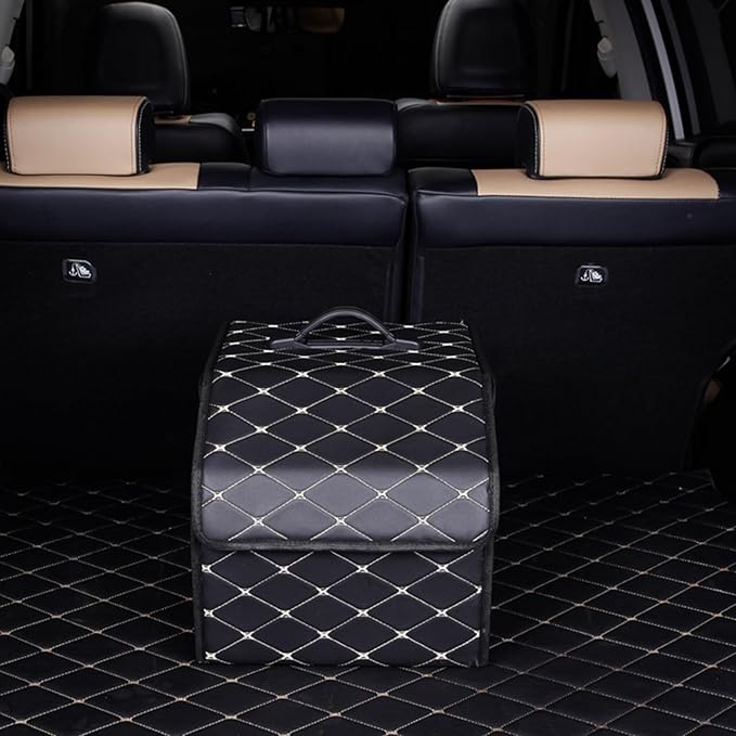 Car Trunk Leather Organizer Small Foldable Vehicle Trunk Storage Box with Grid Pattern Thread for SUV and Sedan Cargo Management