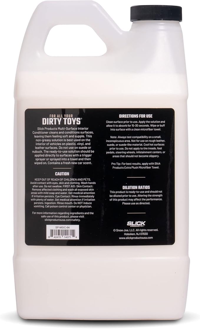 Slick Products Multi-Surface Interior Conditioner – Cleans & Conditions Vinyl, Plastic & Leather – Non-Greasy Car Interior Cleaner & Protectant – Fresh New Car Scent – 64 oz.