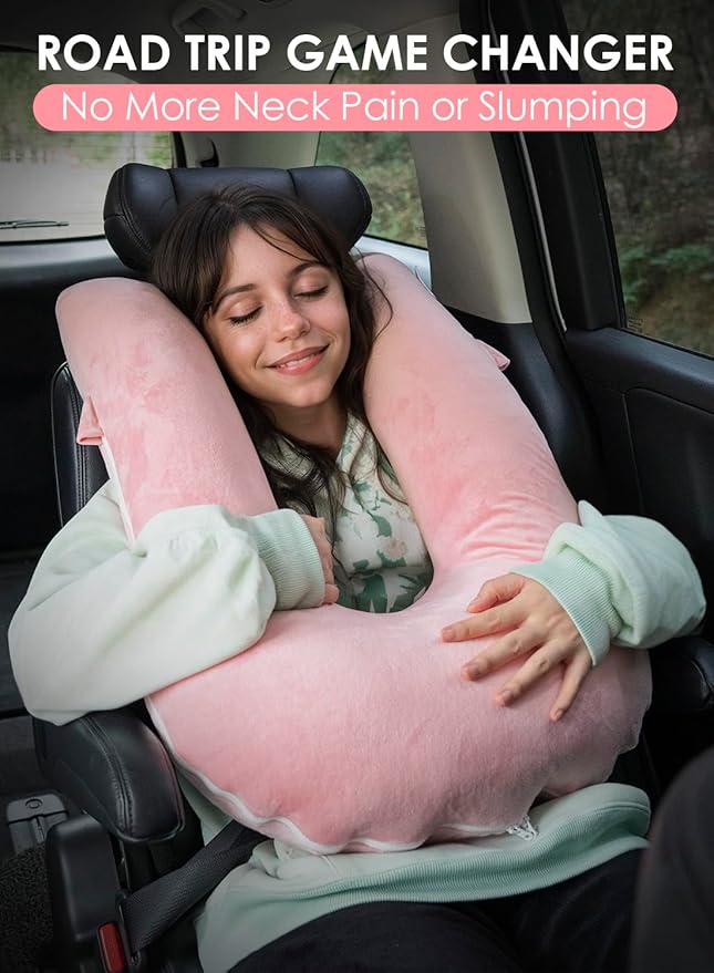 QUEEN ROSE Car Travel Pillow for Sleeping, Adjustable Head Support for Adults & Kids, Breathable Soft Neck Cushion for Road Trips, Machine Washable Cover, Pink