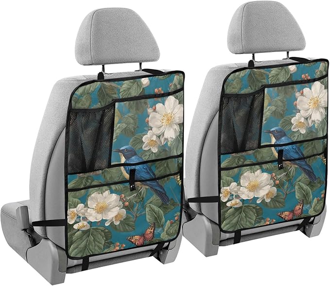 1 Pack Back Seat Car Organizer with Storage Pockets Kick Mats Back Seat Protector Hanging Car Organizer Automotive Seat Back Cover Organizers Vintage Blue Bird Flowers Butterflies
