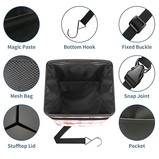 Car Trash Can with Lid, Small Portable Hanging Automotive Garbage Bin for Vehicles, Leakproof Waste Bag Container for SUV Truck Van Interior Auto Travel Road Trips(Pink Gingham)