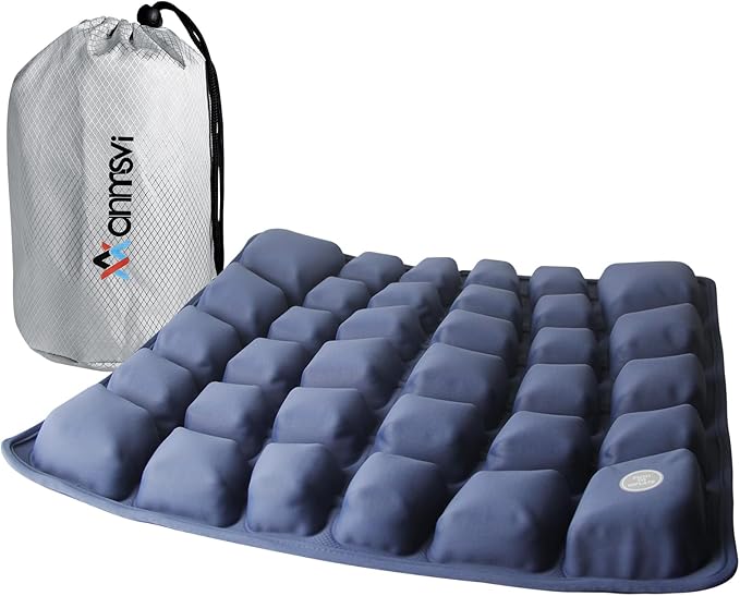Inflatable Travel Seat Cushion with Built-in Pump & Carry Bag (Blue Cushion with Silver Storage Bag)