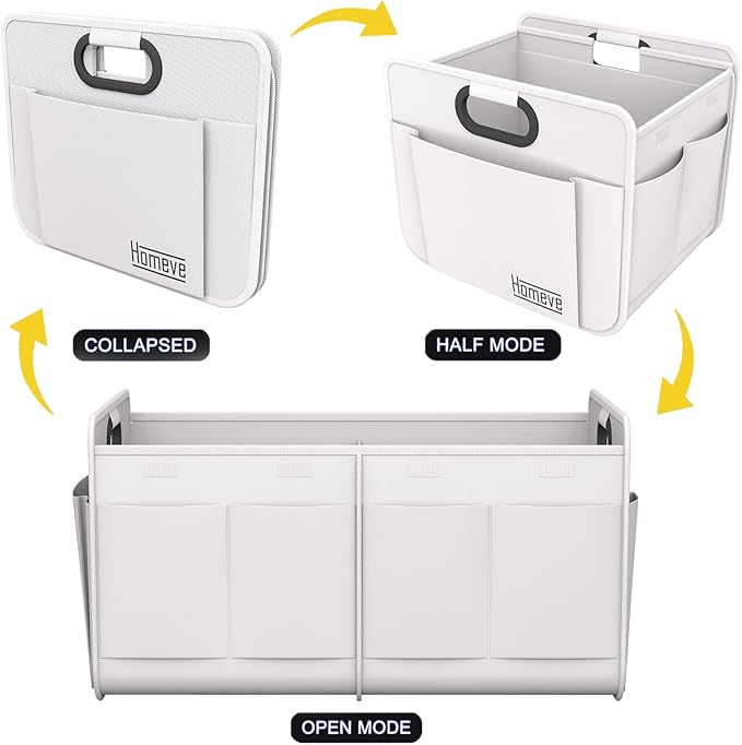 Homeve Car Trunk Organizer, Car Storage, Reinforced Handles, Collapsible Multi-Compartment Car Organizers (White, 2 Compart)