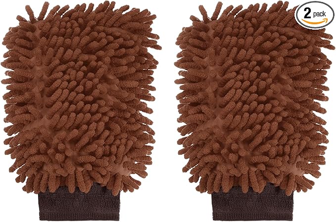 HARFINGTON 2pcs Premium Chenille Microfiber Car Wash Mitts 9.8" x 7.9" Scratch Free Wash Gloves Absorbent Double Sided Plush Cleaning Drying Mitts for Car Washing Home Brown