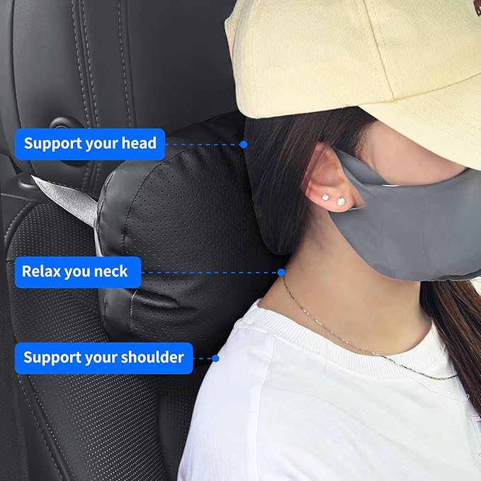 2 Pack Car Neck Pillows, PU Leather Car Headrest Support with Adjustable Strap, Ergonomic Dupont Bio Cotton Head Rest Pillow for Road Trips & Daily Commutes (Black, Soft Style)
