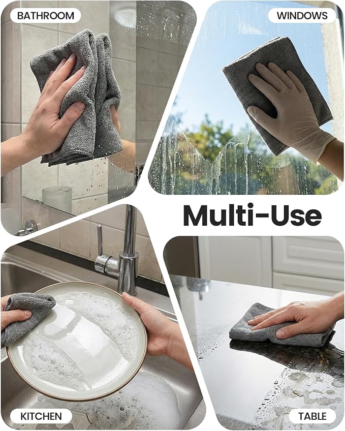 POPCHOSE Microfiber Towels 12 Pack for Cars, Super Absorbent Cleaning Cloths, Lint Free Streak Free Towels for Car Detailing, Household, Kitchen, Glass & Tools, Grey