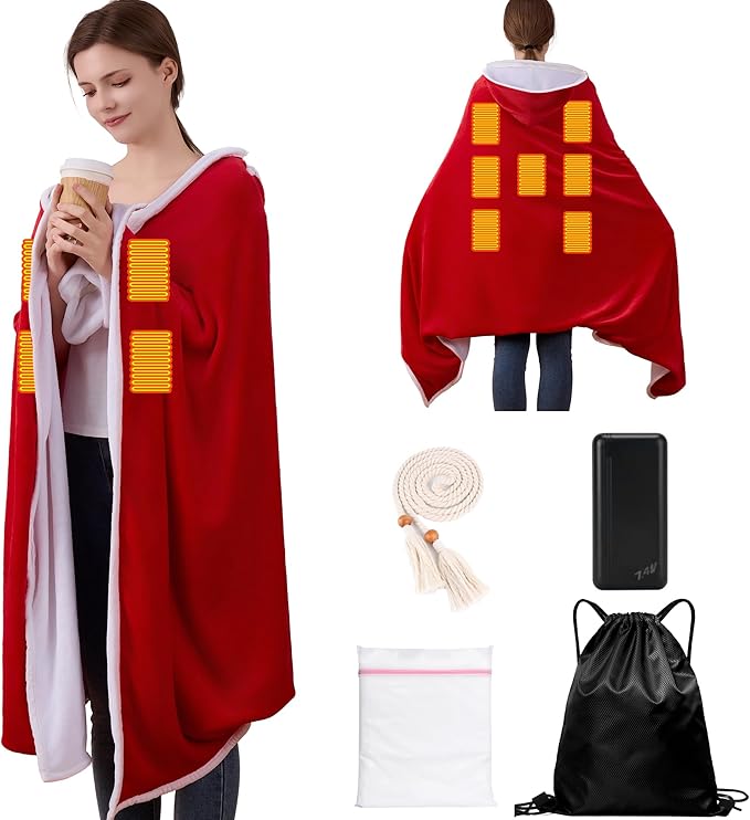 Wearable Heated Blanket with 20000mAh Power Bank, 11 Heating Zones, 3 Heat Levels, Timer, USB Powered, Machine Washable, for Camping, Office, Travel, Home Use (Christmas Red)