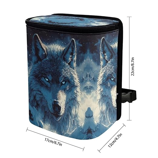 1.2 Gallons Car Organizers and Storage, Wolf Head Print Car Garbage Bin, Adjustable Hanging for Tail of Console/Back of Seats, Easy to Install, Odor-Free with Zipper Leak-Proof Design