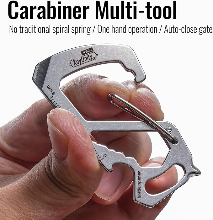 KeyUnity KS00 Carabiner Clip Multitool Stainless Steel 7 Tools in 1, Quick Release Clasp, Wrench, Cross Screwdriver, Slotted Screwdriver, Bottle Opener, Ruler, Key Holder (Silver)