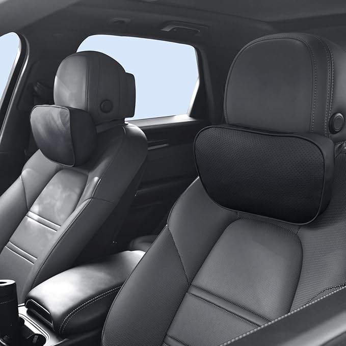 CarCarte Car Headrest Pillow, 2 Pack Car Neck Pillows for Neck Support, Super Soft Ergonomic Du-Pont Bio Cotton Head Rest Pillow for Driving Travel Pillow with Adjustable Strap (Black, Shaped Style)