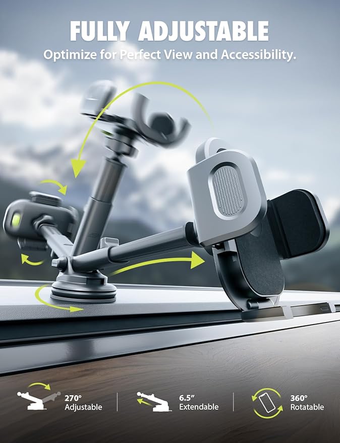 Bracketron TripGrip 2.0 Phone Holders for Your Car – Telescopic 3.5″–6.5″ Arm, Suction Cup with Lock-Lever, 360° Rotation - Support for Dashboard & Windshield Mount