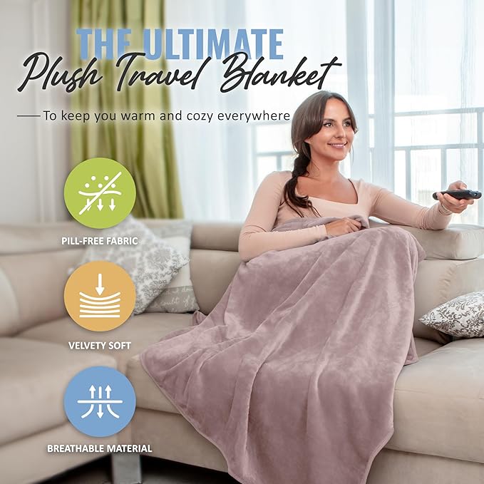 BOACAY Soft & Warm Travel Blanket for Airplane & Car - Long Flight Essential for Women, Men, Kids - Compact Pillow with Luggage Sleeve & Backpack Clip