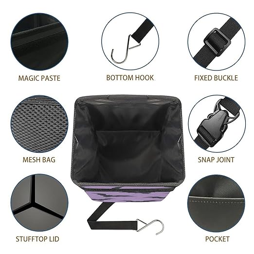 Purple Goth Bat Car Trash Can with Lid - Collapsible Reusable Waterproof Garage Bag,Automotive Garbage Can,Car Accessories Interior Organizer