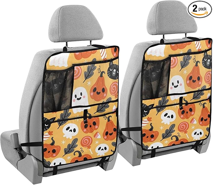 2 Pack Backseat Car Organizer with Storage Pockets Seat Back Organizers for Kids Kick Mats Backseat Protector Automotive Halloween Holiday