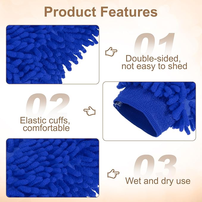 HARFINGTON 2pcs Premium Chenille Microfiber Car Wash Mitts 9.8" x 7.9" Scratch Free Wash Gloves Absorbent Double Sided Plush Cleaning Drying Mitts for Car Washing Home Blue