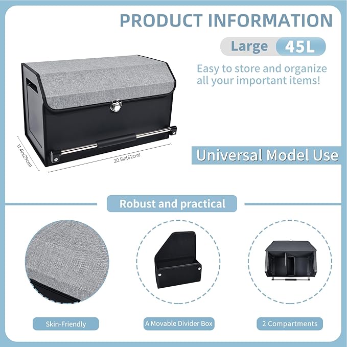 Car Trunk Organizer, Leather Trunk Organizer with Push-pull Handle and Lid Car Trunk Storage Organizer for SUV, Minivan, Truck (Grey, 20.47 x 11.42 x 12.2in)