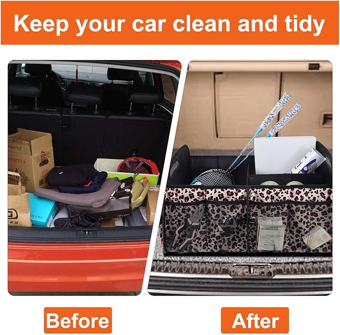 Trunk Organizer, Collapsible Trunk Organizers and Storage, Car Accessories for Women and Men, Multi-Compartment Trunk Storage Organizer for SUV, Car, Mini-Van, Leopard Print