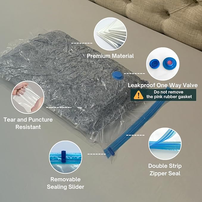 10 XL Jumbo Vacuum Storage Bags with Pump, Extra Large Compression Space Saver for Comforter, Duvet, Bedding, Blanket Storage, Vacuum Seal Bags for Clothing, Luggage Closet Organizer