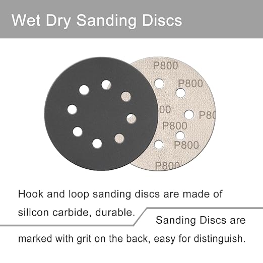 100 Pcs 5 Inch Sanding Discs Hook & Loop 8 Holes Wet Dry 800 Grit Sandpaper Silicon Carbide Sand Paper for Orbital Sander Automotive Wood Plastic Metal Polishing (100Pcs 800 Grit)