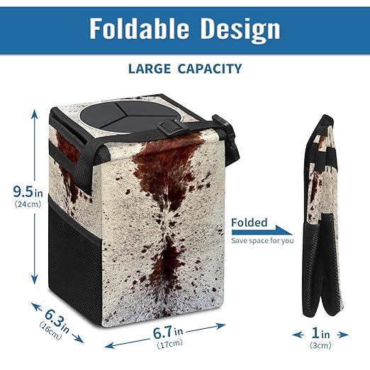 Western Brown Cow Print Car Trash Can with Lid Collapsible Reusable Waterproof Car Garage Bag,Automotive Garbage Can,Car Accessories Interior Car Organizer
