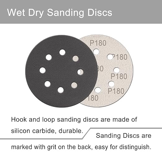 100 Pcs 5 Inch Sanding Discs Hook & Loop 8 Holes Wet Dry 180 Grit Sandpaper Silicon Carbide Sand Paper for Orbital Sander Automotive Wood Plastic Metal Polishing(100Pcs 180 Grit)