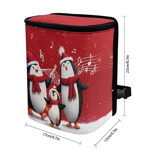1.2 Gallons Car Trash Cans, Christmas Penguins Car Trash Can Small, Adjustable Hanging for Tail of Console/Back of Seat, Odor-Free with Zipper Leak-Proof Lid Design, Mini Size for Convenience