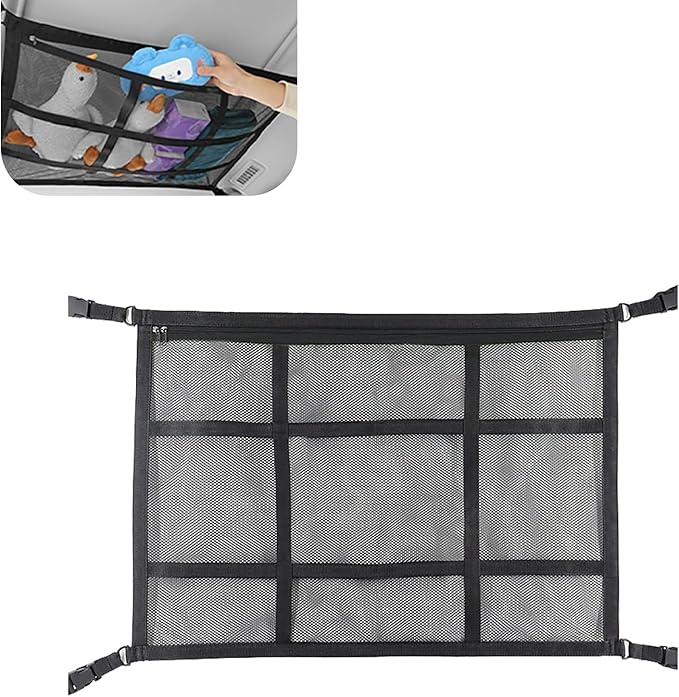 Upgrade Car Ceiling Cargo Net Pocket, 31.5" x 20.87" Strong Load Car Roof Storage Organizer, Double-Layer Mesh Camping Overlanding Gear Must Haves Cargo Net, Universal Road Trip Accessories