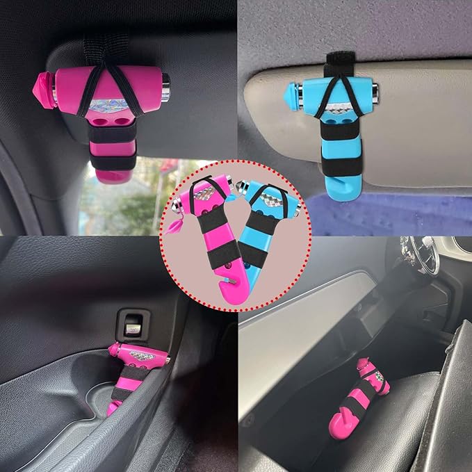 2 Pack Car Safety Hammer, 3-in-1 Emergency Escape Tool Window Breaker and Seat Belt Cutter with Light Reflective Tape for Family Safety Emergency Car Escape Tool（Pink Blue）