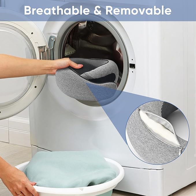 Travel Neck Pillow for Airplanes - 100% Memory Foam, 360° Head Support, Breathable & Removable and Washable, Compact for Travel, Car & Flights - Grey