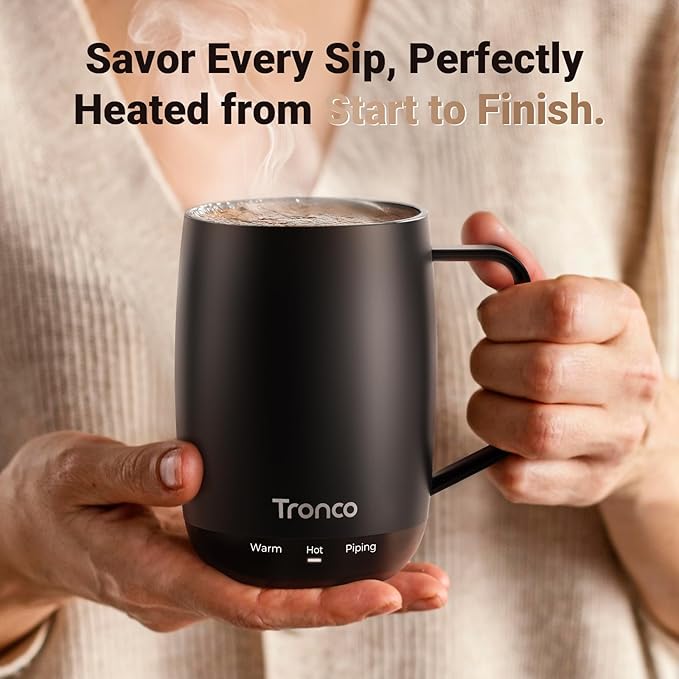 Tronco Temperature Control Heated Coffee Mug 14 oz – Rechargeable Self-Heating Coffee Cup with Lid – Manual Control, 3 Modes, 130 Min Battery Life, Auto Shut-Off (White)