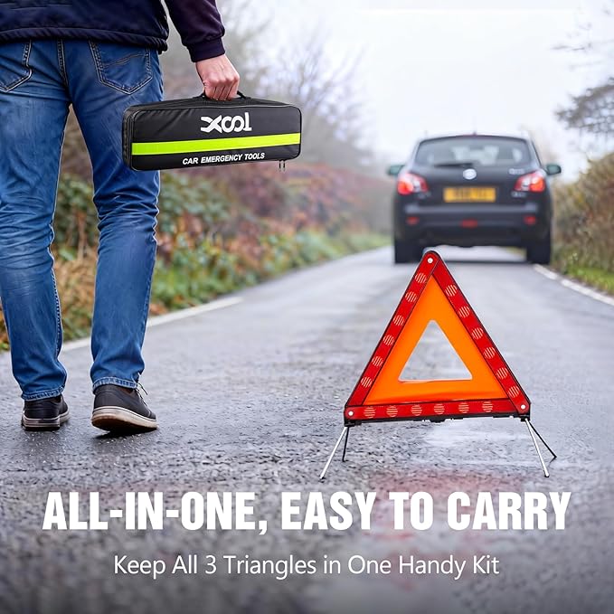 XOOL Triple Warning Triangle Emergency Warning Triangle Reflector Safety Triangle Kit Suitable for Roadside Emergencies, 3-Pack