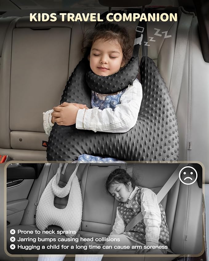 Memory Foam Kids Travel Pillow, Car Pillow for Kids, H-Shape Car Pillows for Sleeping, Removable Pillowcase, Adjustable, Velvet Dots, Black