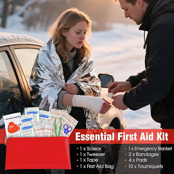 Car Emergency Roadside Tool Kit with Jumper Cable Shovel,Auto Truck Vehicle Assistant Safety Kit Bag for Men Women with First Aid Kit, Winter Basic Automobile Road Side Kit