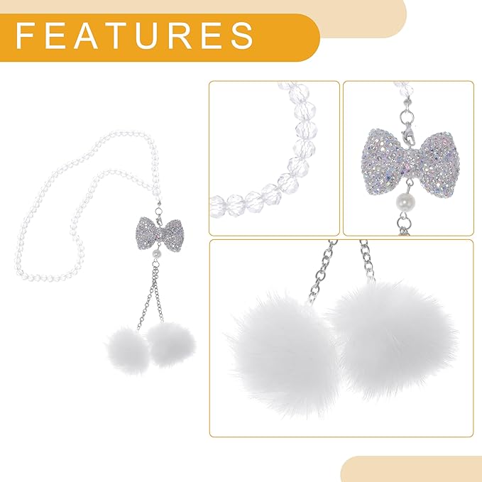 1 Pcs Artificial Crystal Bow,Mink Hair Car Rear View Mirror Pendant Accessories Car Hanging Ornament White