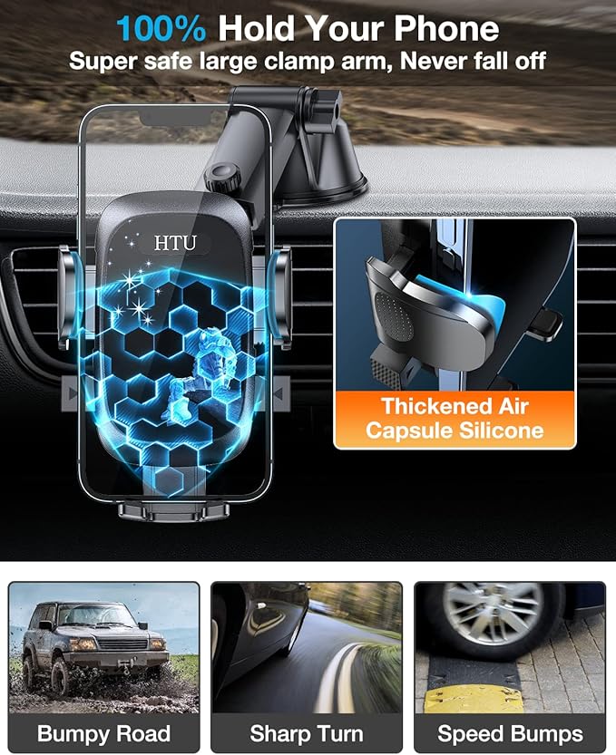 HTU [True Military-Grade] 2025 Upgraded Car Phone Holder 【Safety Certs & No Smell】 Cell Phone Holder for Car Mount for Dashboard Windshield Air Vent Long Arm Thick Case,Navy Blue