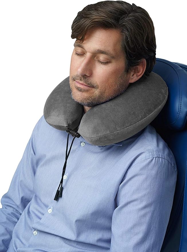 TRAVELREST Travel Essential Neck Pillow - Memory Foam, Washable Micro-Fiber Cover, Soft and Comfortable Head Support for Long Flights, Compact, Attaches to Luggage, Airplanes, Cars, Bus - (Grey, Curl)