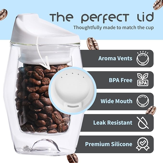 To-Go Espresso Glass Travel Mug with Lid, Reusable Double Wall Glass Tumbler, Fits Most Coffee Makers/Cupholders for Your Car, Gifts for Coffee Lovers, 2-Pack Flat White Cortado Cups