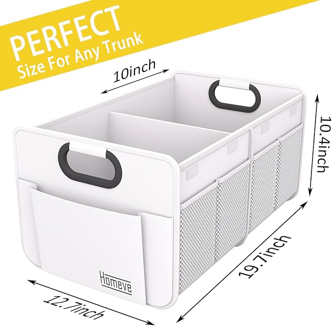 Homeve Car Trunk Organizer, Reinforced Handles, Collapsible Multi-Compartment Car Organizer, Foldable & Waterproof, 600D Oxford Polyester (White, 2 Compart-Small)